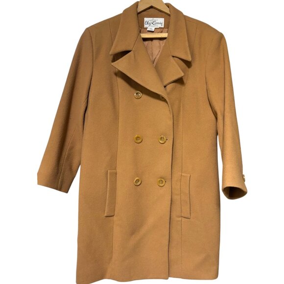 Oleg Cassini Vintage womens Camel double breasted 100% Wool Trench Peacoat sz 16 - Picture 1 of 9